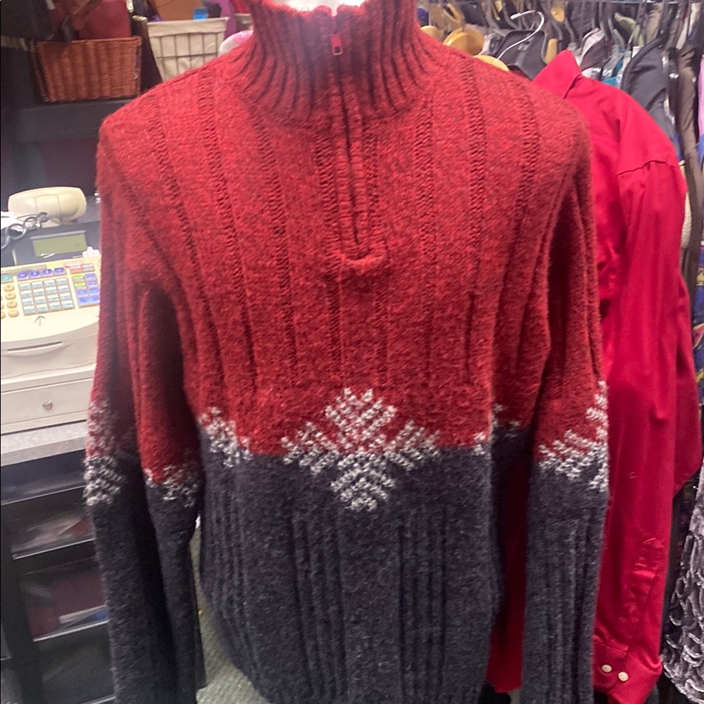 Vibrant Red and Charcoal Gray Zip Up Sweater with Geometric Pattern